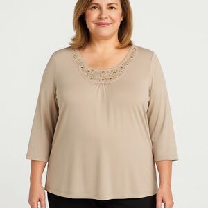Susan Graver 1X Beige Embellished Scoop Neck 3/4 Sleeve Top Beaded Dressy Blouse